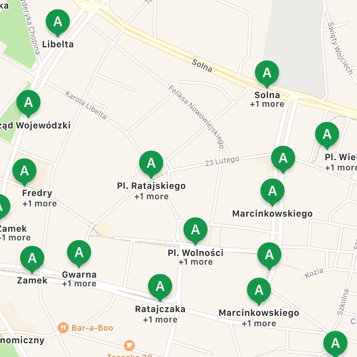 A map of stops in Poznań