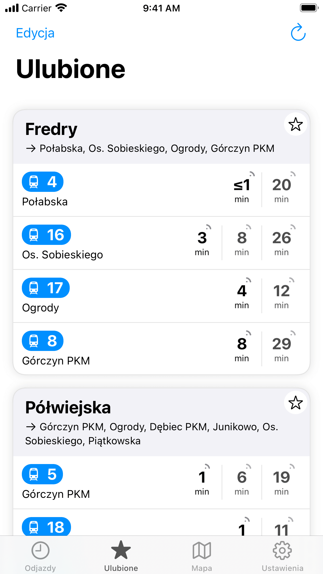Odjazdy - ulubione - iOS