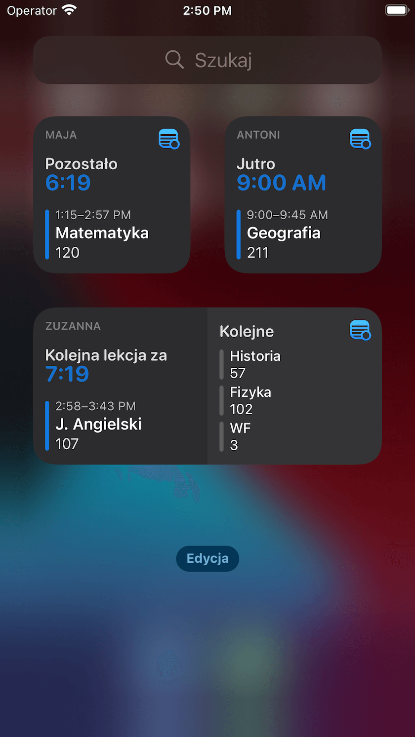 Plan lekcji - widżet - iOS